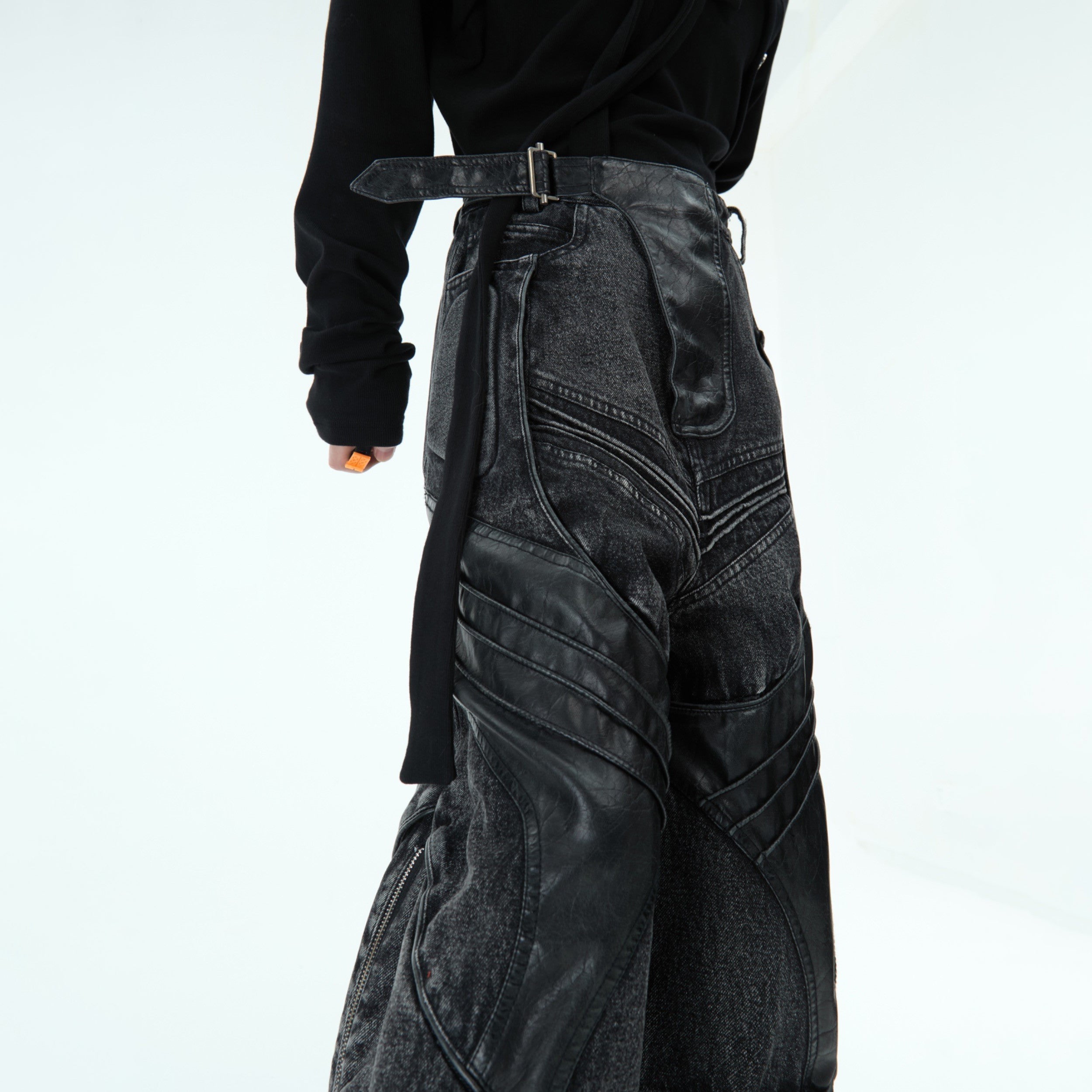 Distressed Black Jeans - Deconstructed PU Leather Panels