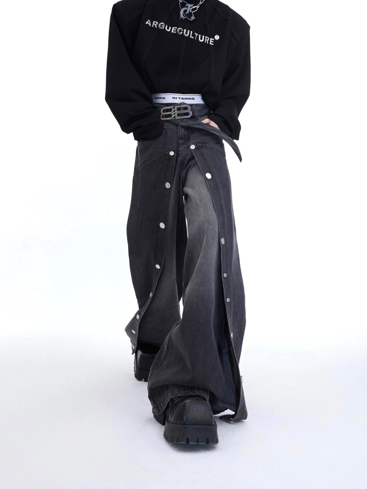 Vintage Distressed Straight-Leg Jeans - Deconstructed Metal Detailing