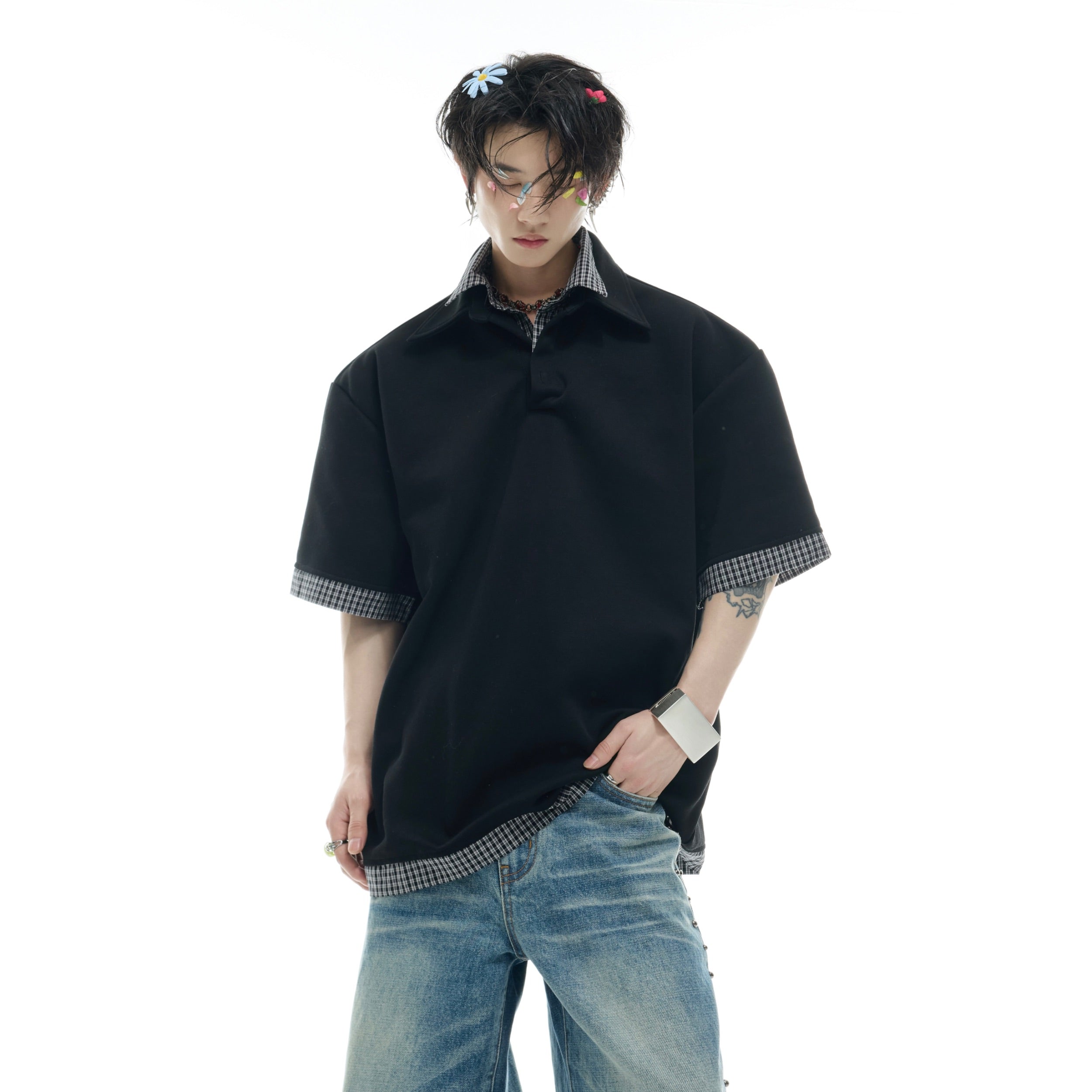 Vintage Checkered Polo-T-Shirt Summer Streetwear Short Sleeve