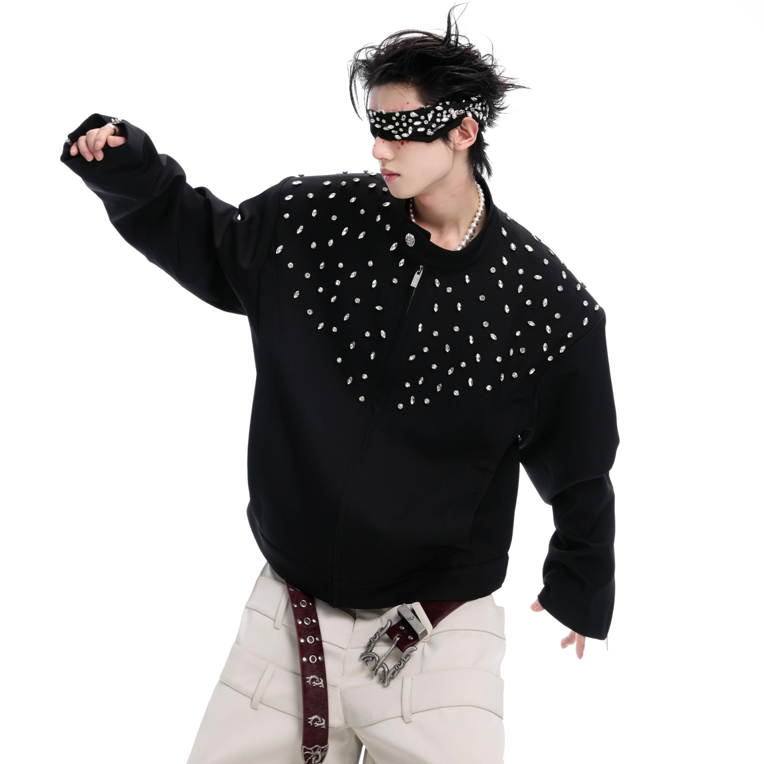 Handmade Rhinestone Harrington Jacket - Slim Fit Short Coat