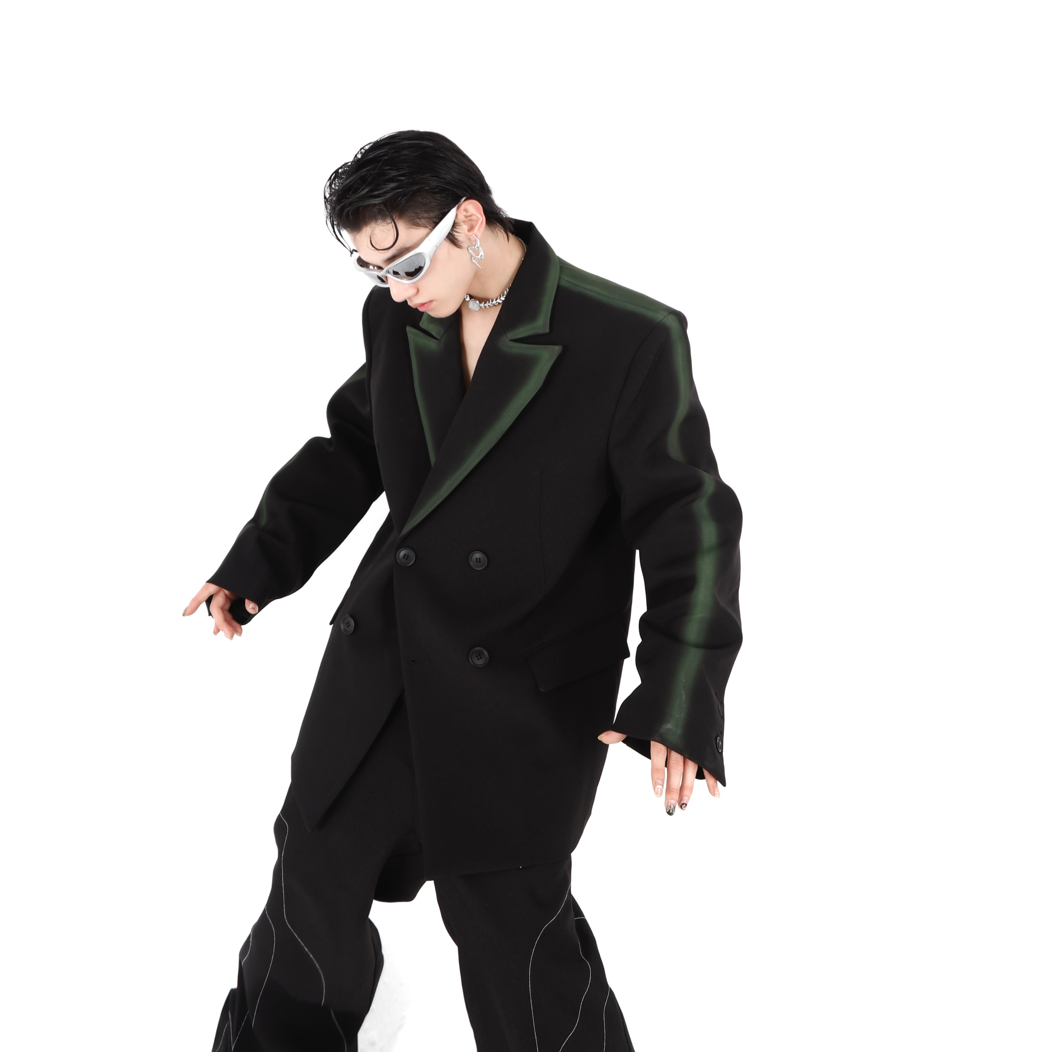Black-Green Gradient Shoulder-Pad Blazer - Streetwear Oversized Suit Jacket