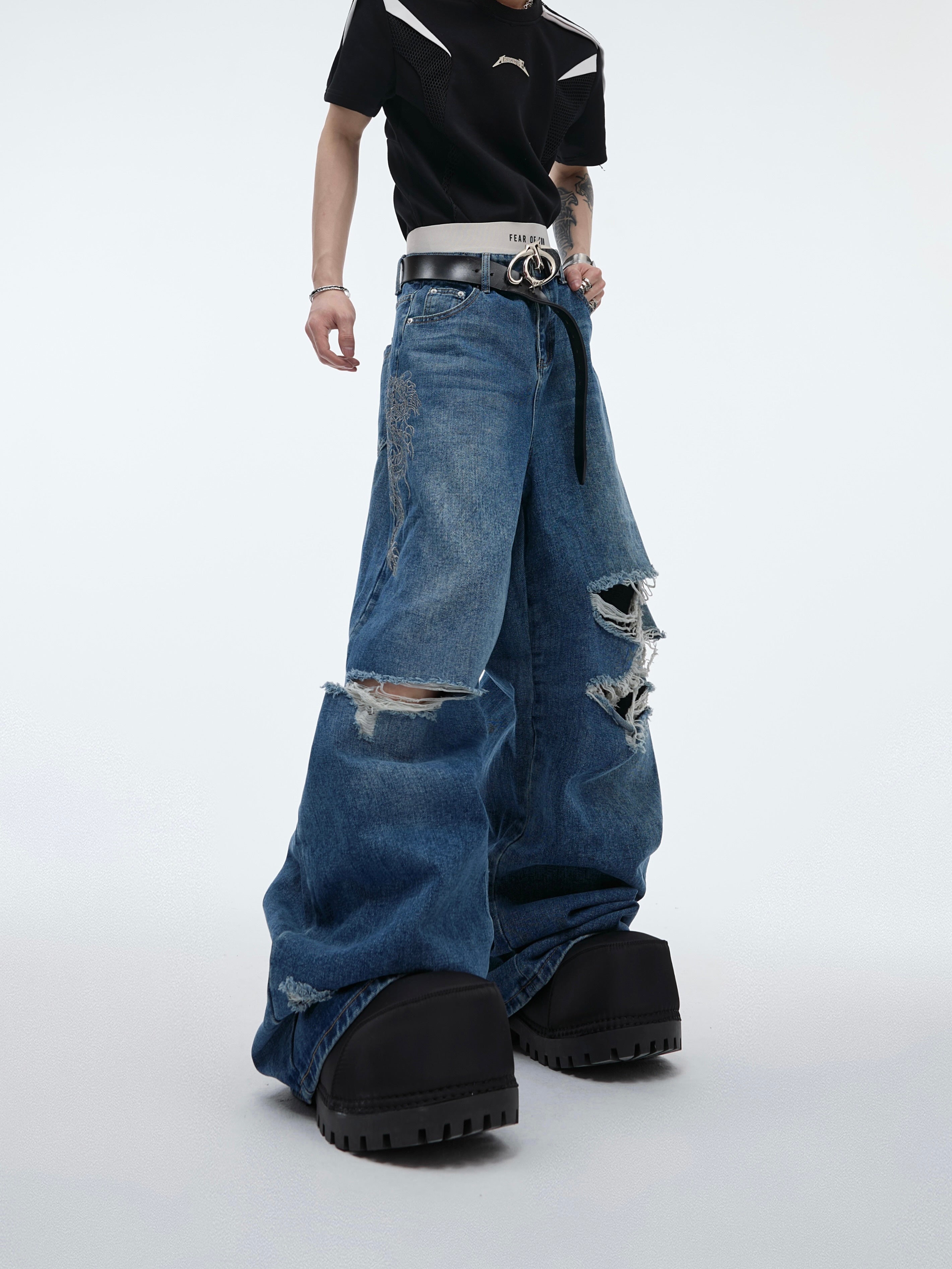 Deconstructed Ripped Flare Jeans with Dragon Embroidery - Streetwear