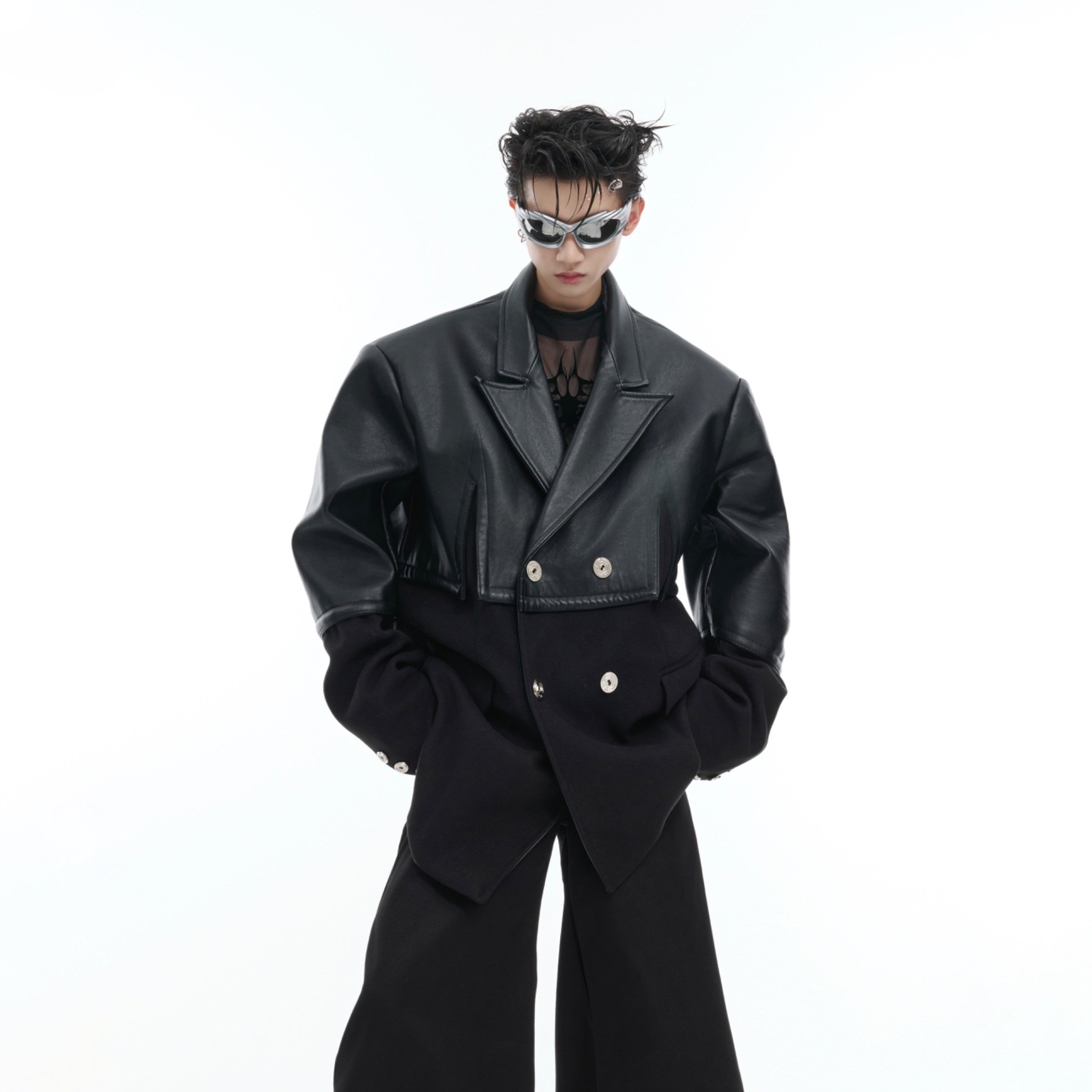 Deconstructed Wool-PU Leather Blazer - Streetwear Asymmetrical Jacket