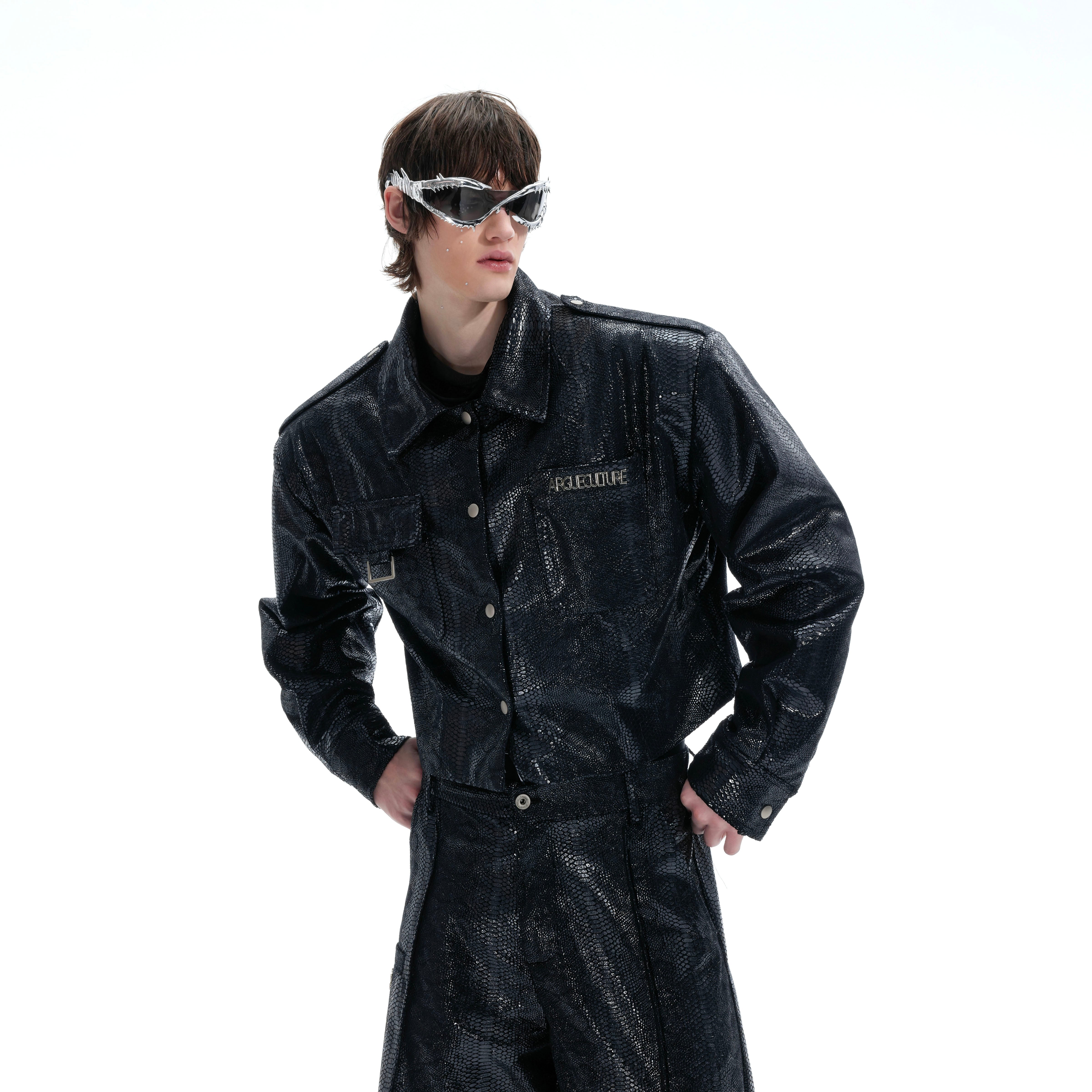 Liquid-Crocodile Shiny Cropped Jacket - Streetwear Oversized Top