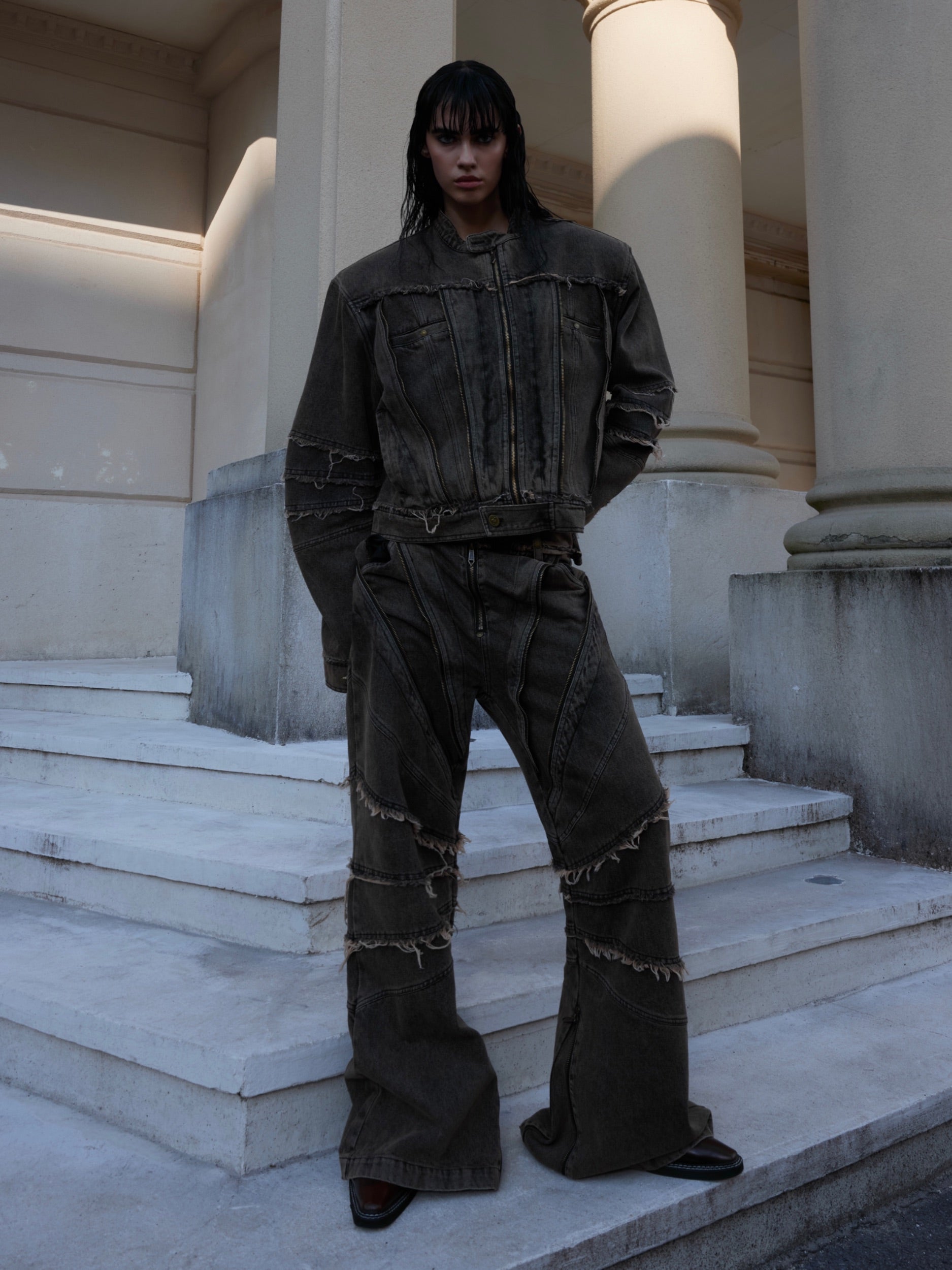 Vintage Washed Denim Jacket - Distressed Fringe Detail - Streetwear Set