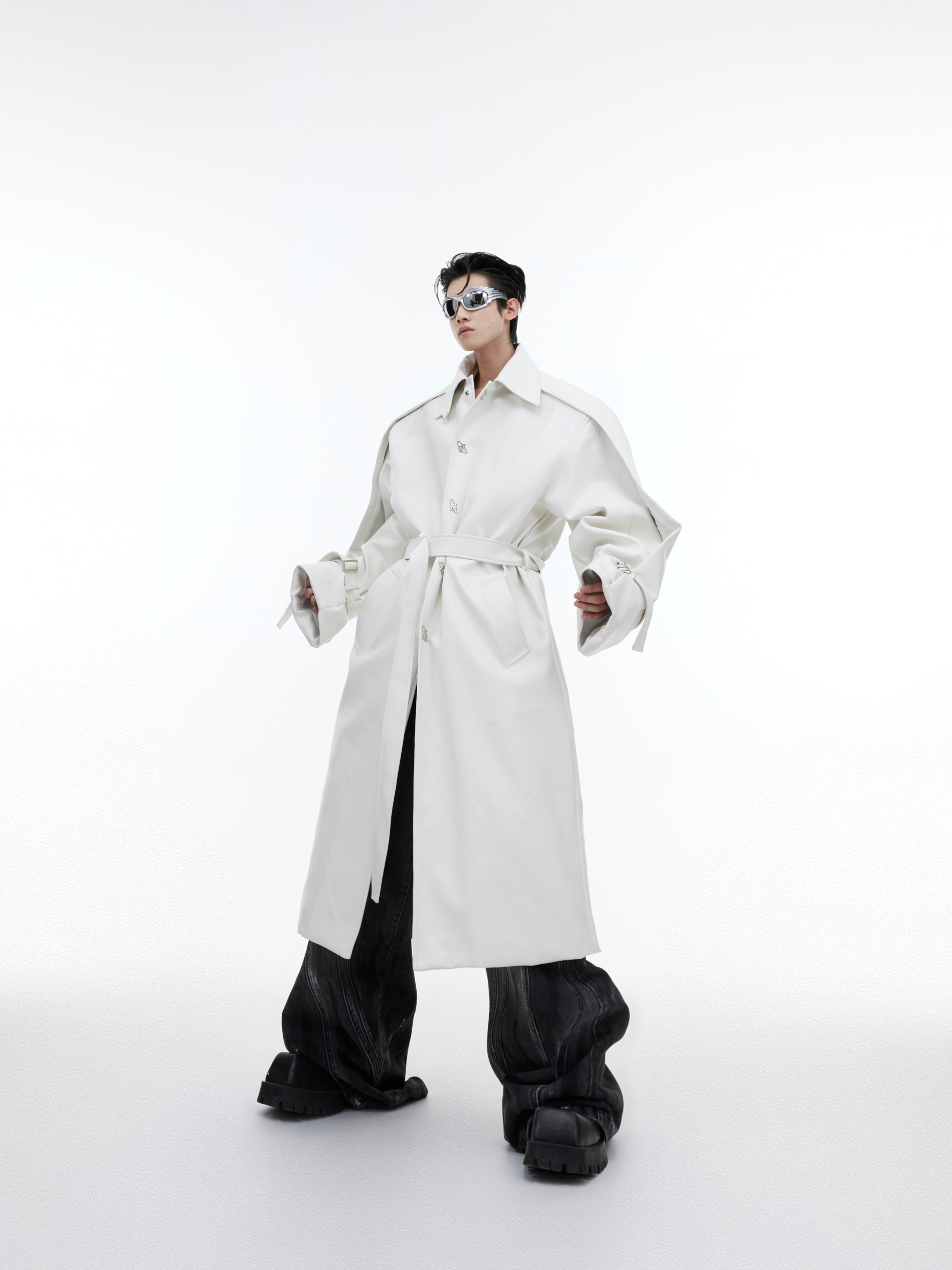 Deconstructed PU Leather Trench Coat - Metal Button Long Streetwear Jacket