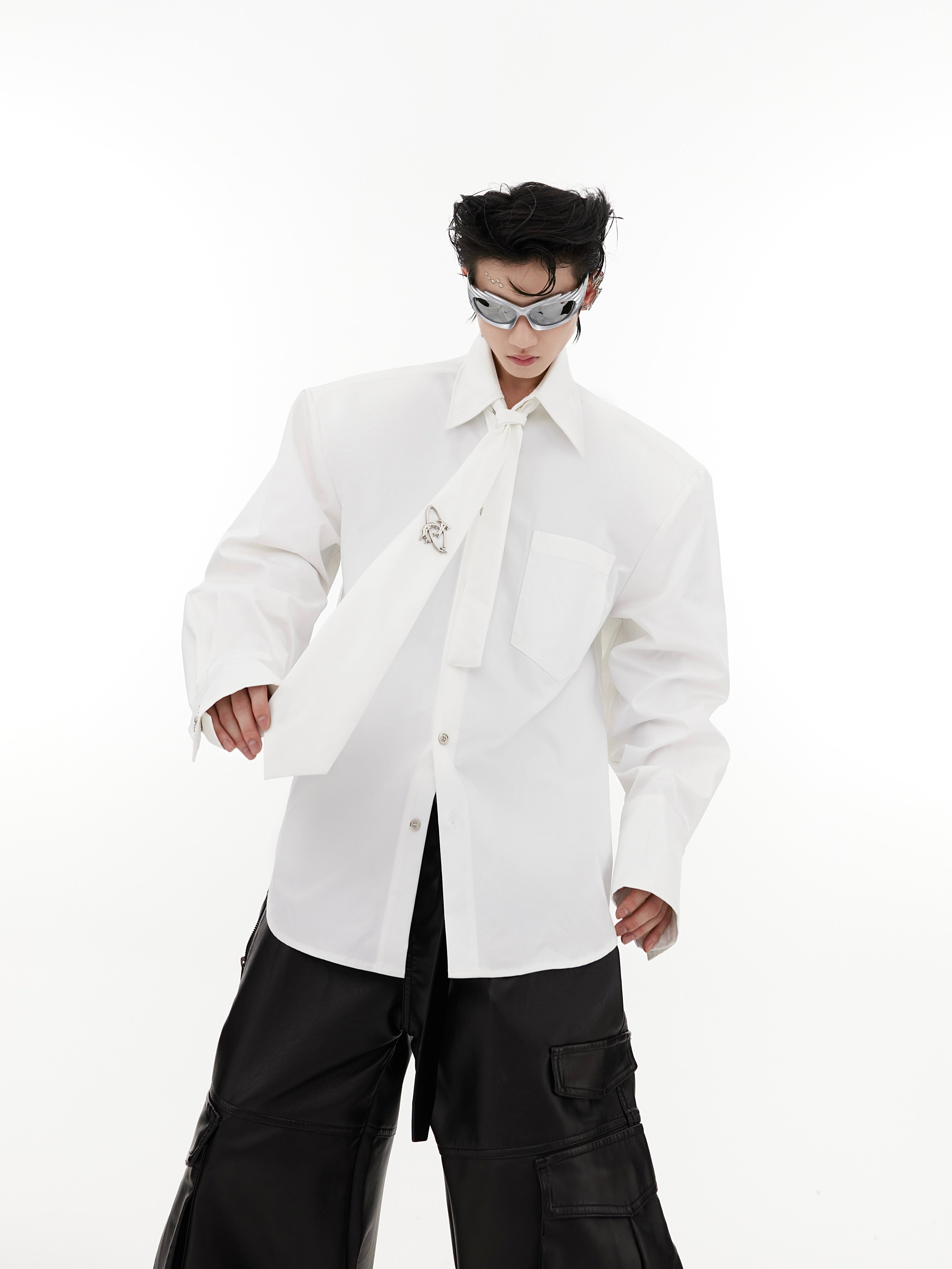 Oversized White Shirt-Cropped Tie-Detail Drop-Shoulder Top