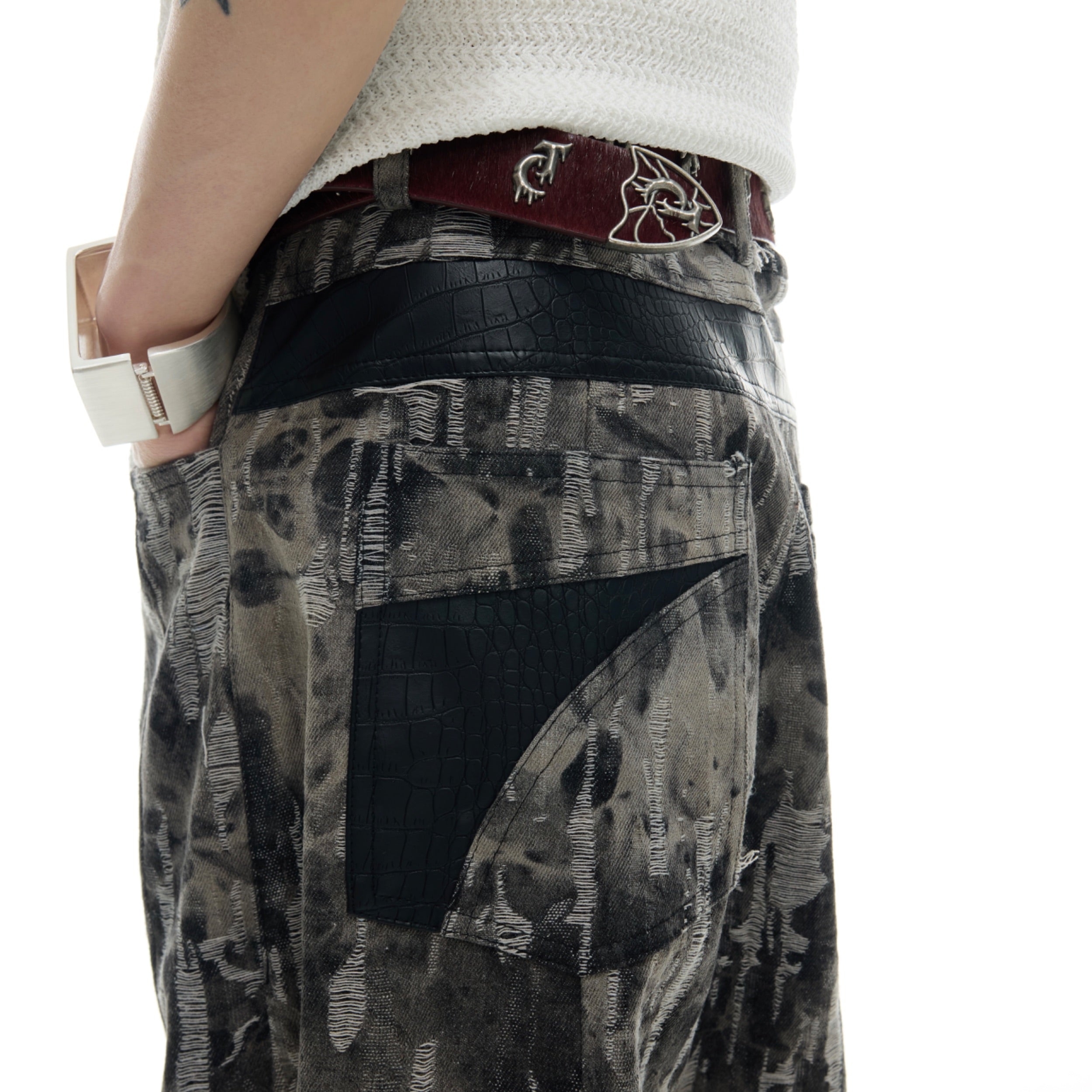 Vintage Splatter-Distressed Straight Flare Jeans with PU Leather Patch
