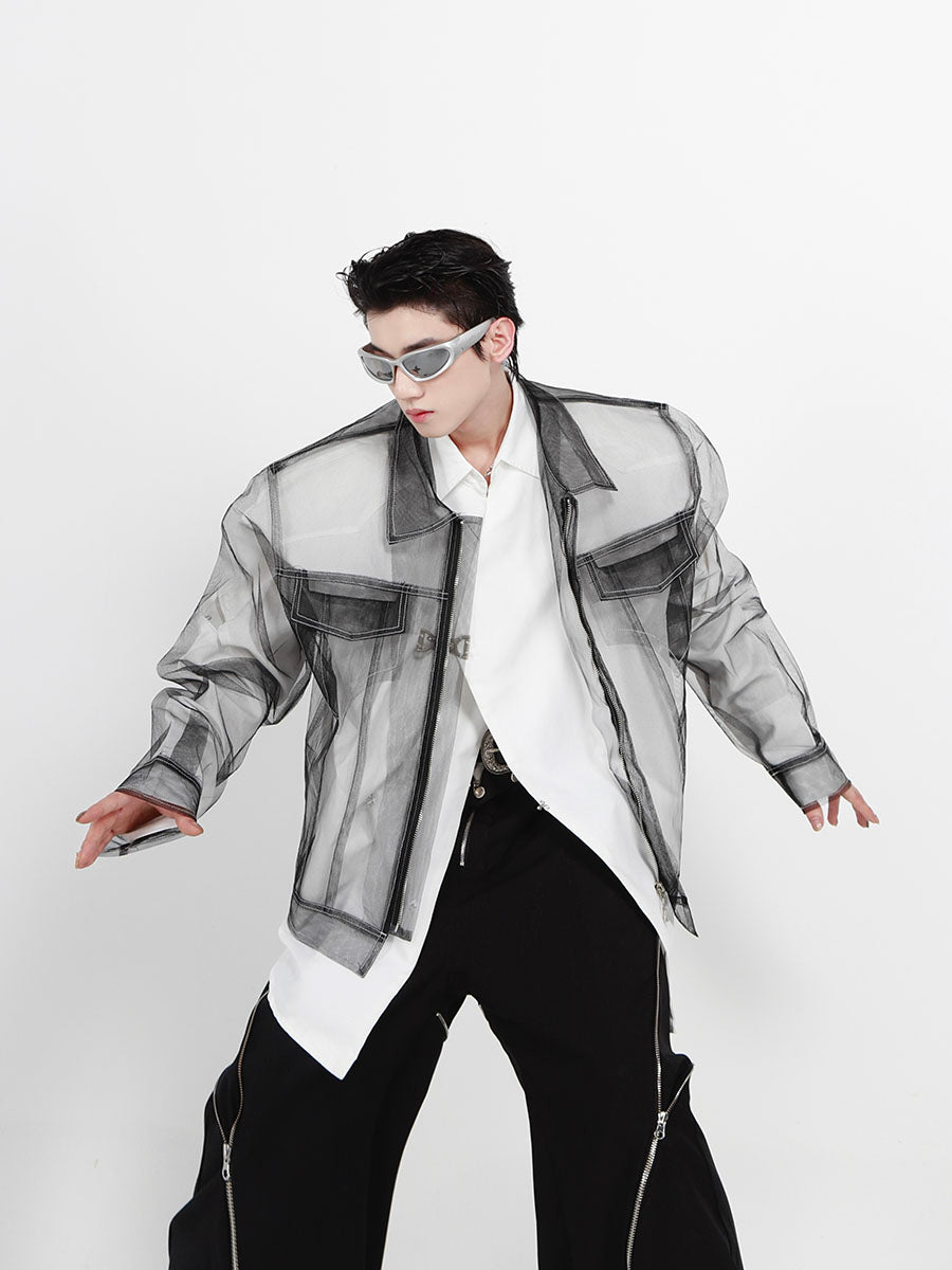 Deconstructed Mesh Punk Jacket - Streetwear Overshirt with Raw Edges