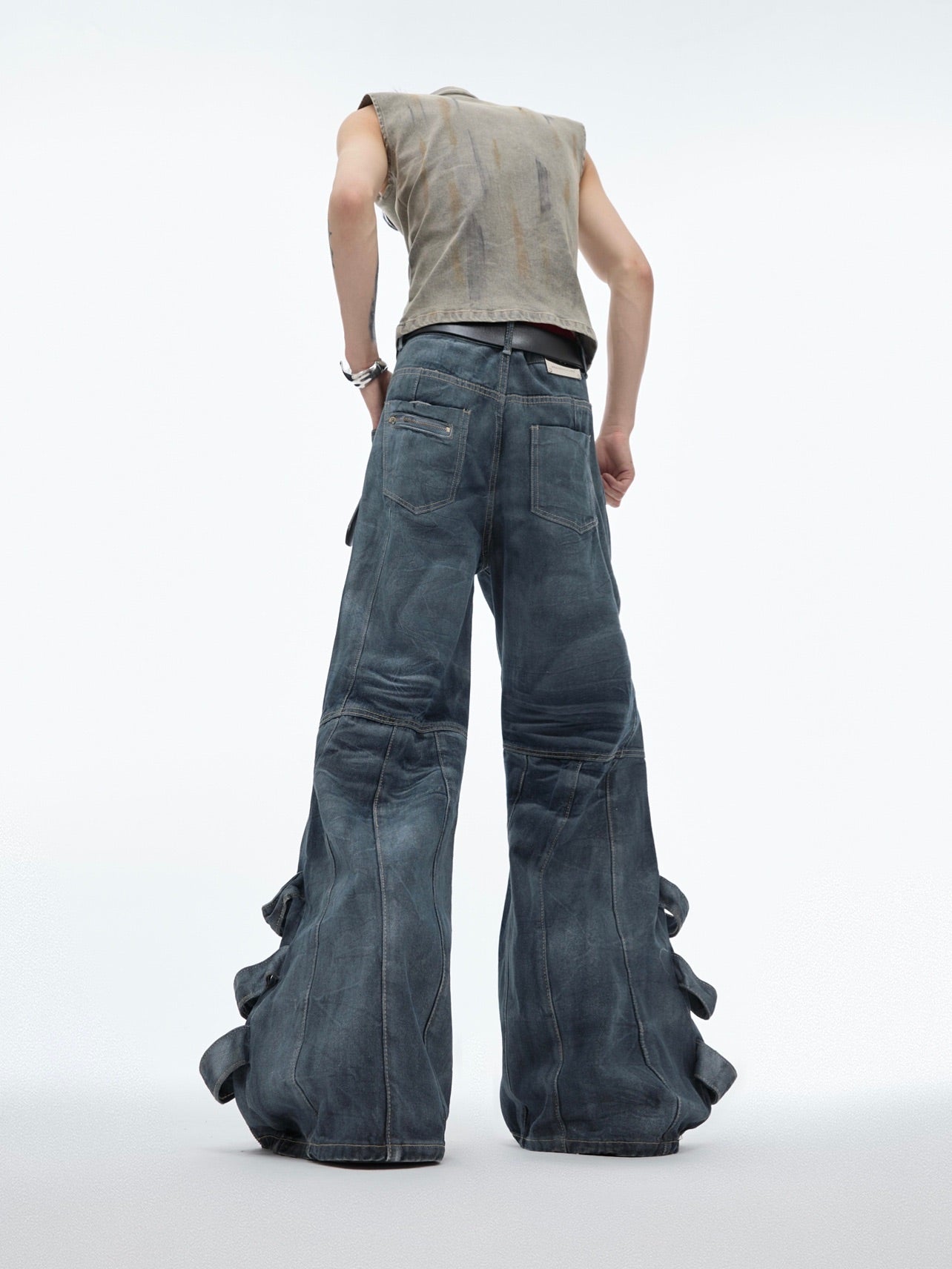 Vintage Distressed Tie-Waist Ruffle Jeans - Baggy Streetwear Pants