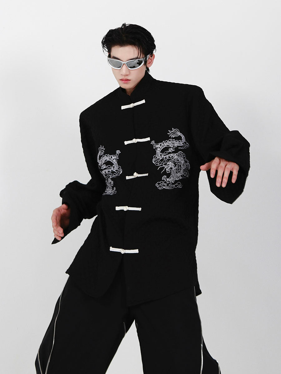 Chinese-style embroidered dragon shirt with mandarin collar