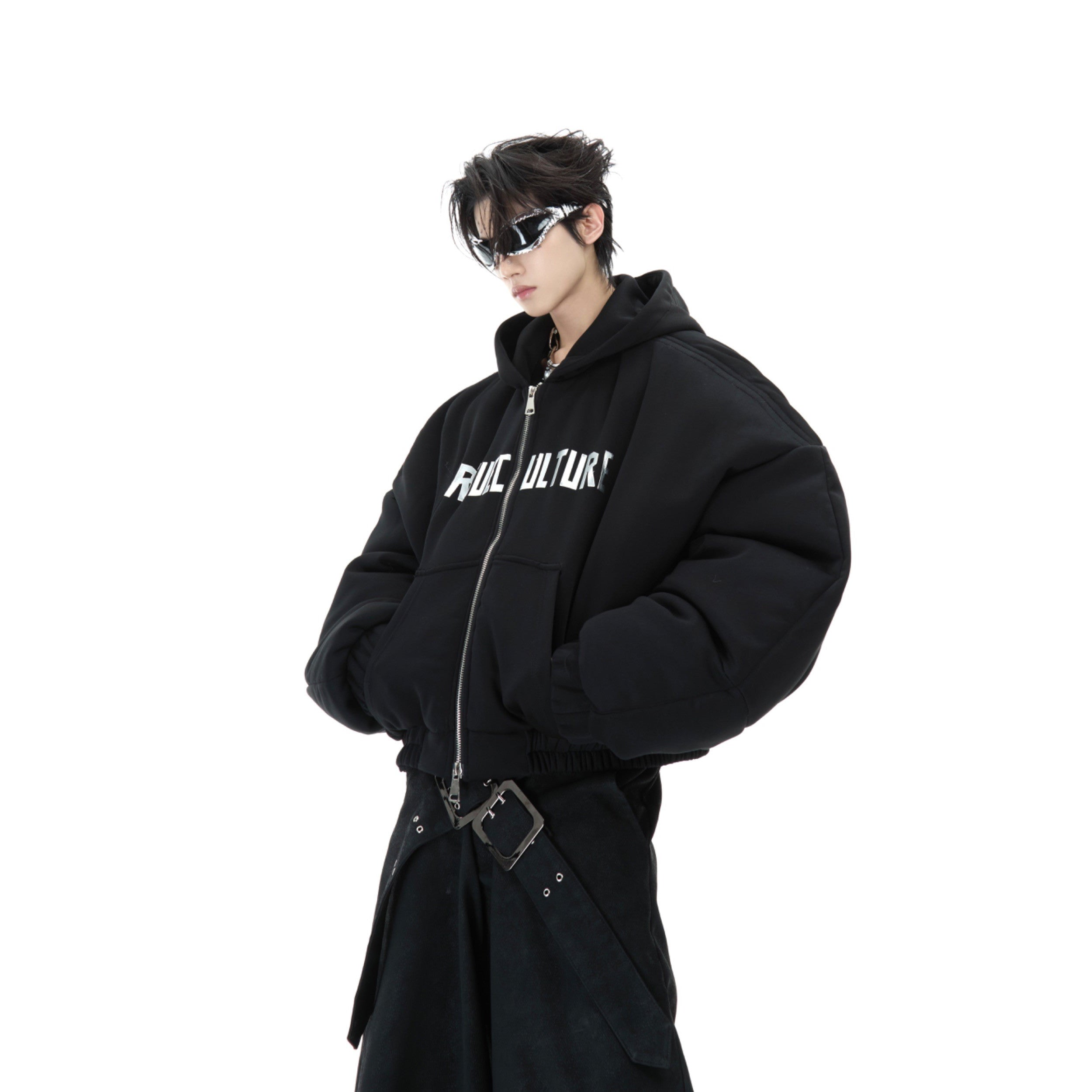 3D Metal Print Hooded Oversized Puffer Jacket - Streetwear Mens Coat