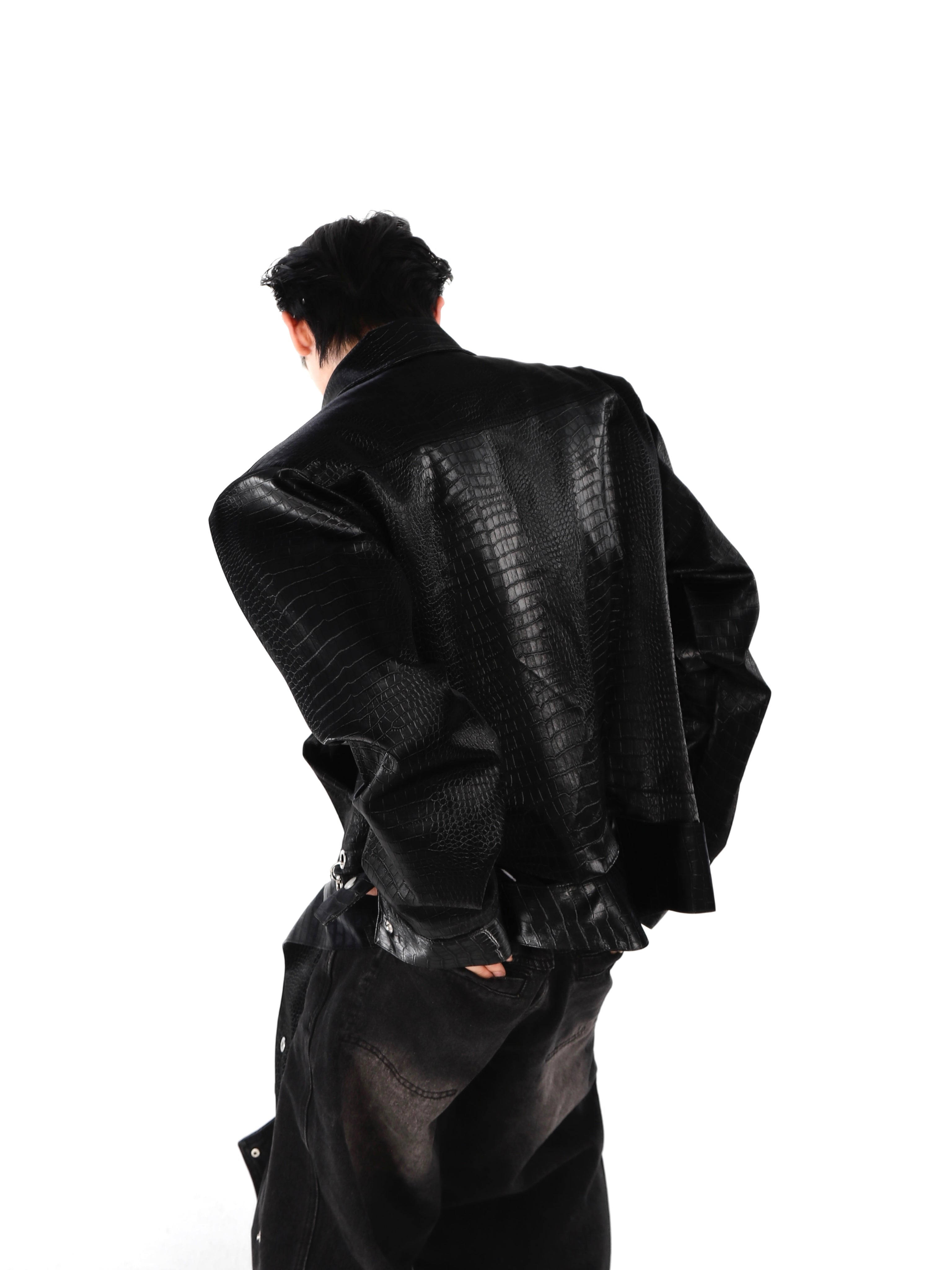 Crocodile-Texture PU Leather Jacket - Padded Shoulder Streetwear Top