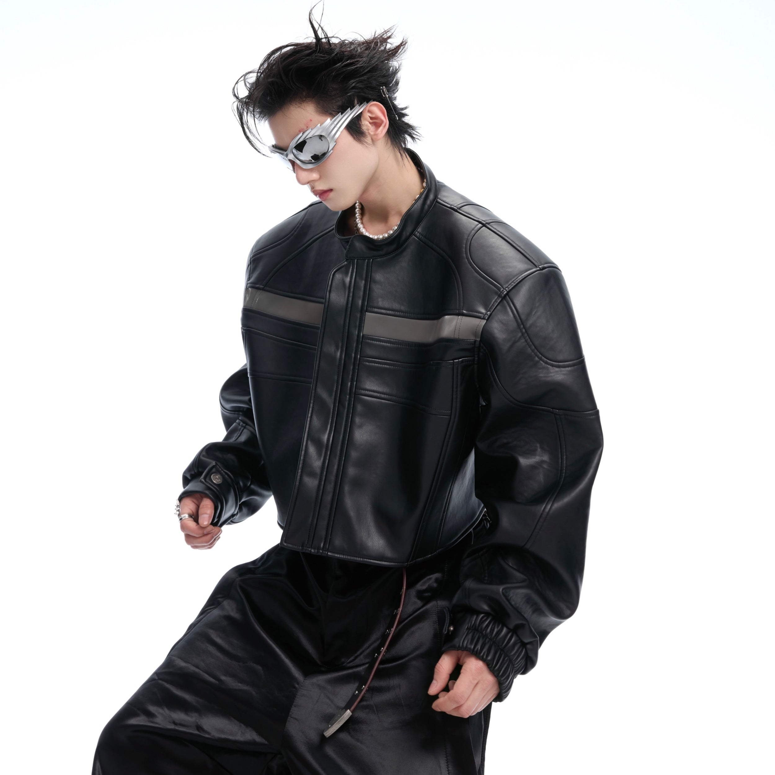 Deconstructed Biker Jacket - Cropped Leather Coat with Contrast Stitching