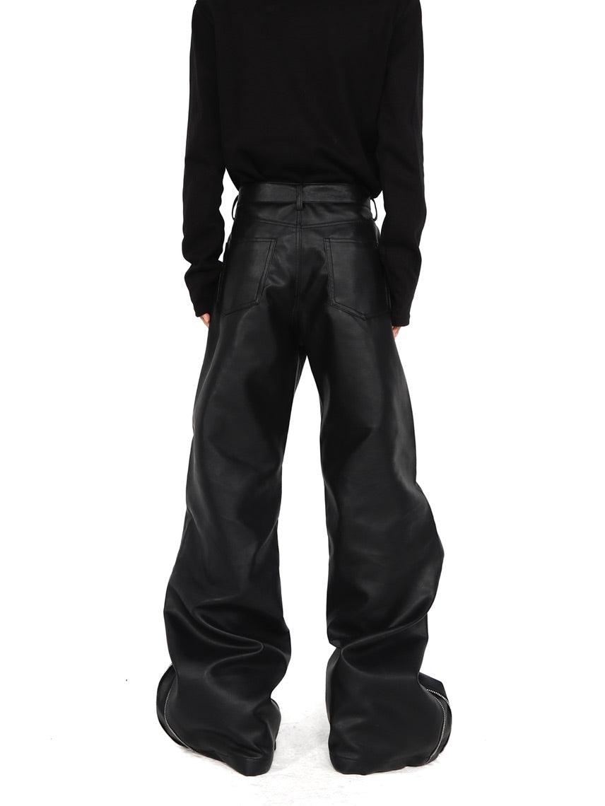 PU Leather Pants with Metal Buckles - Flared Streetwear Casual Pants