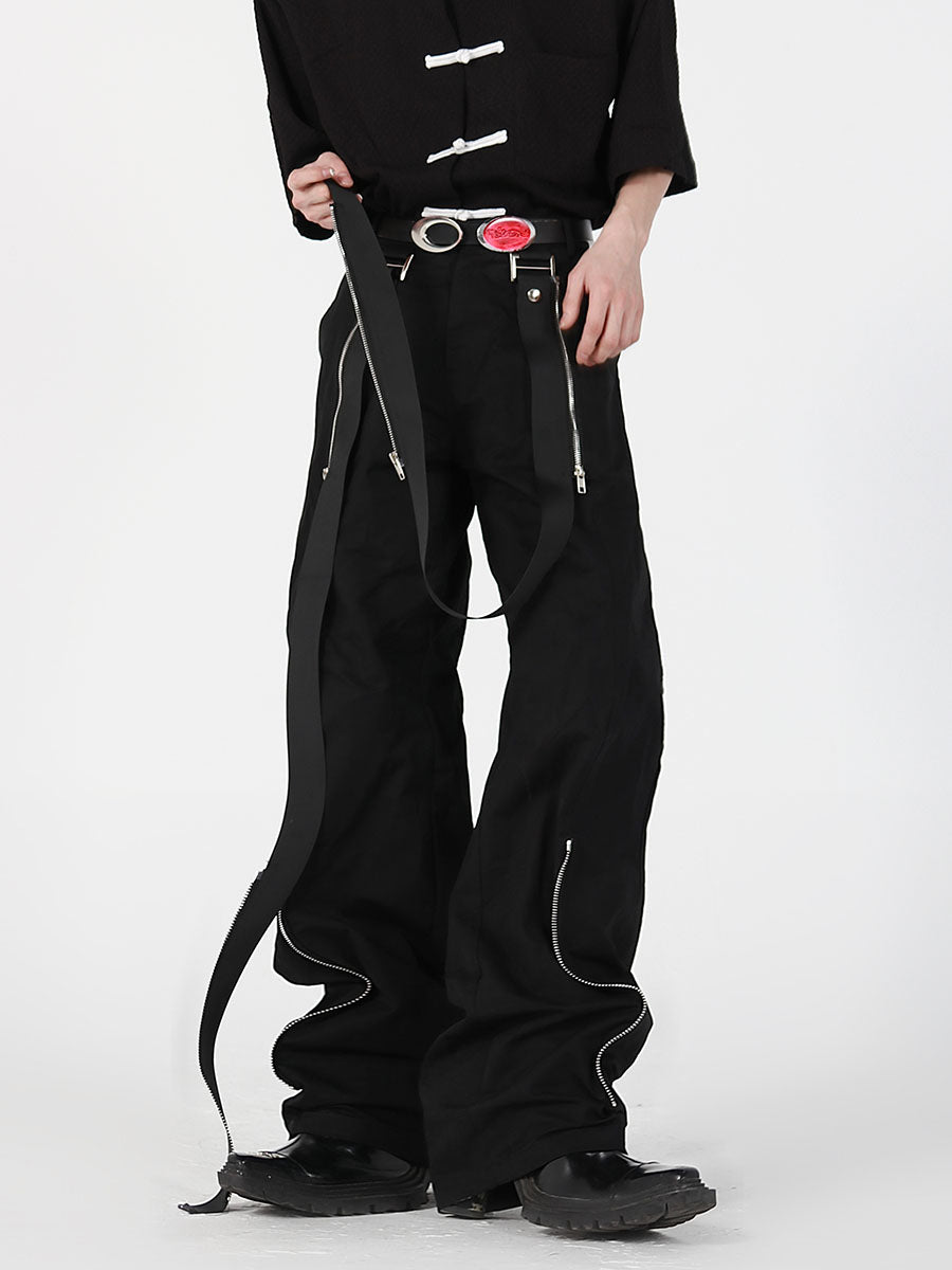 Men's Black Straight-Leg Pants with Metal Zipper-Trim Design