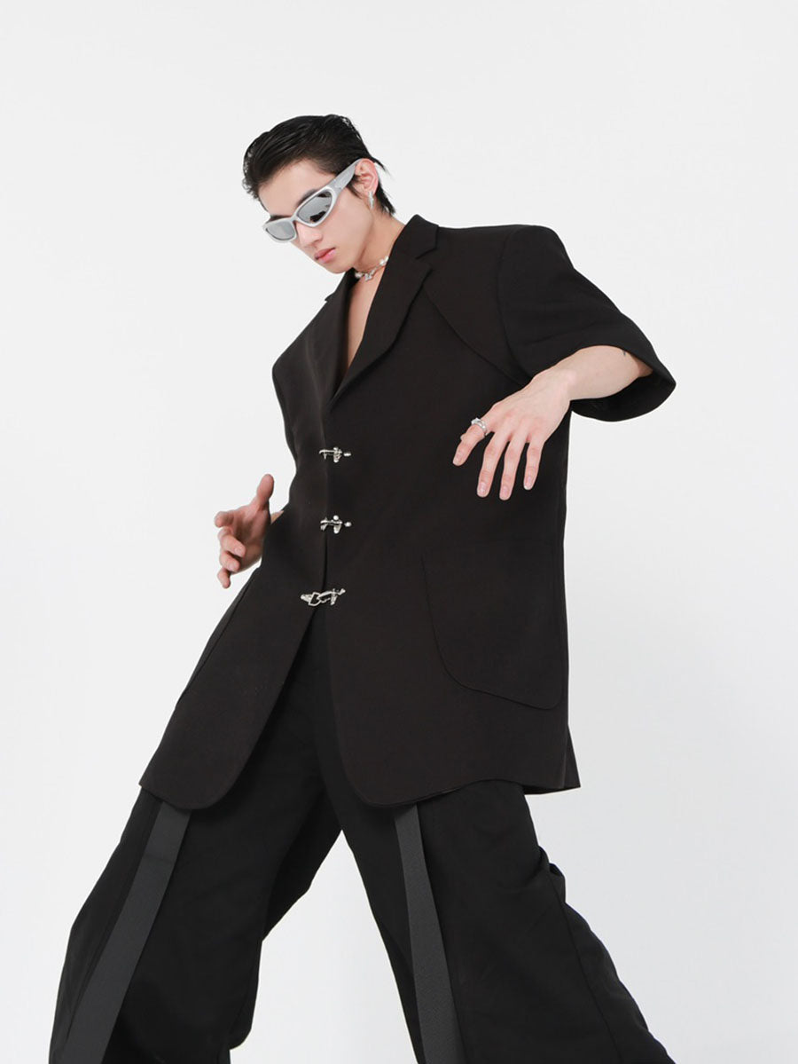 Summer Metal-Buckle Shoulder-Pad Blazer - Loose Fit Streetwear Jacket