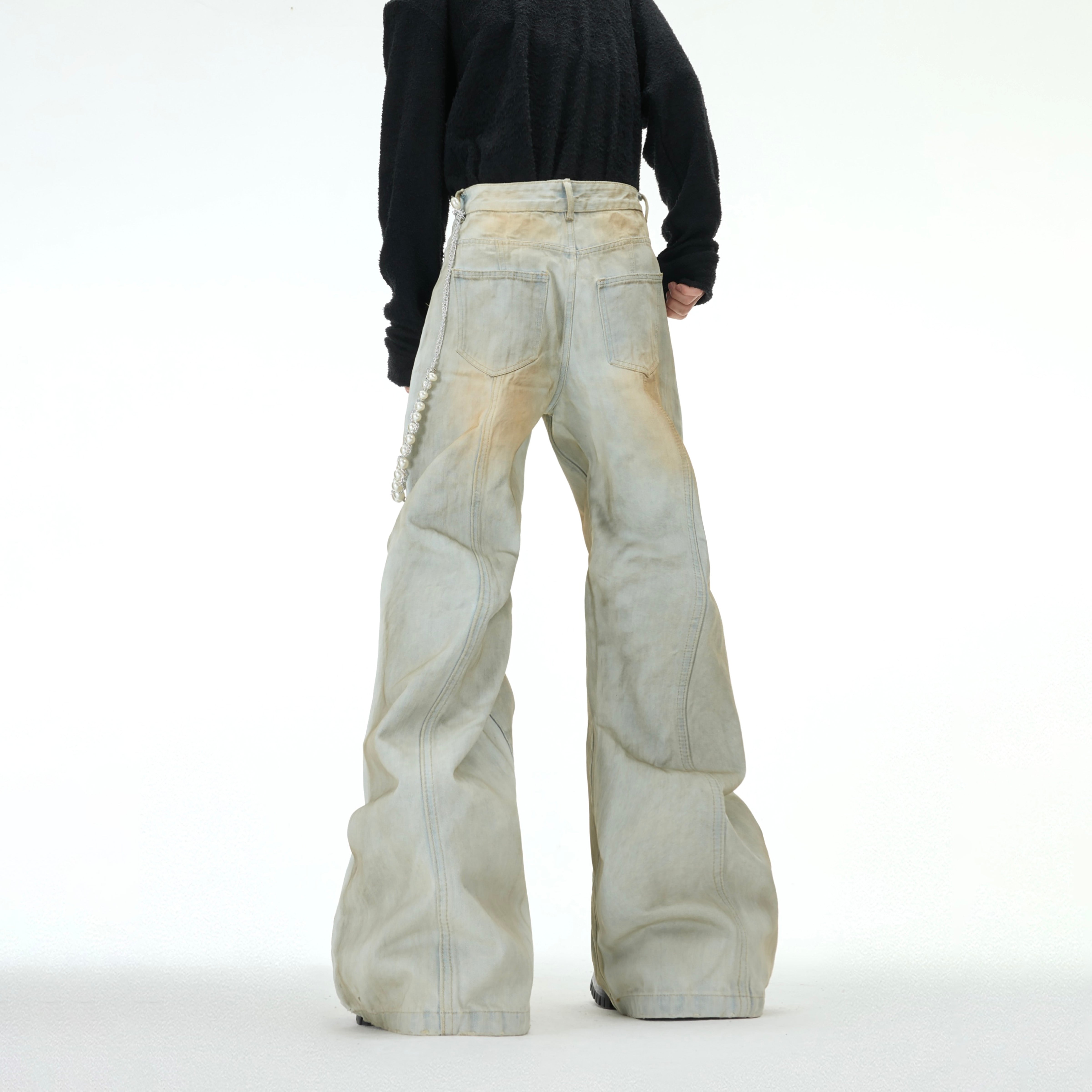 Distressed Pearl-Trim Flared Jeans - Vintage Streetwear Pants