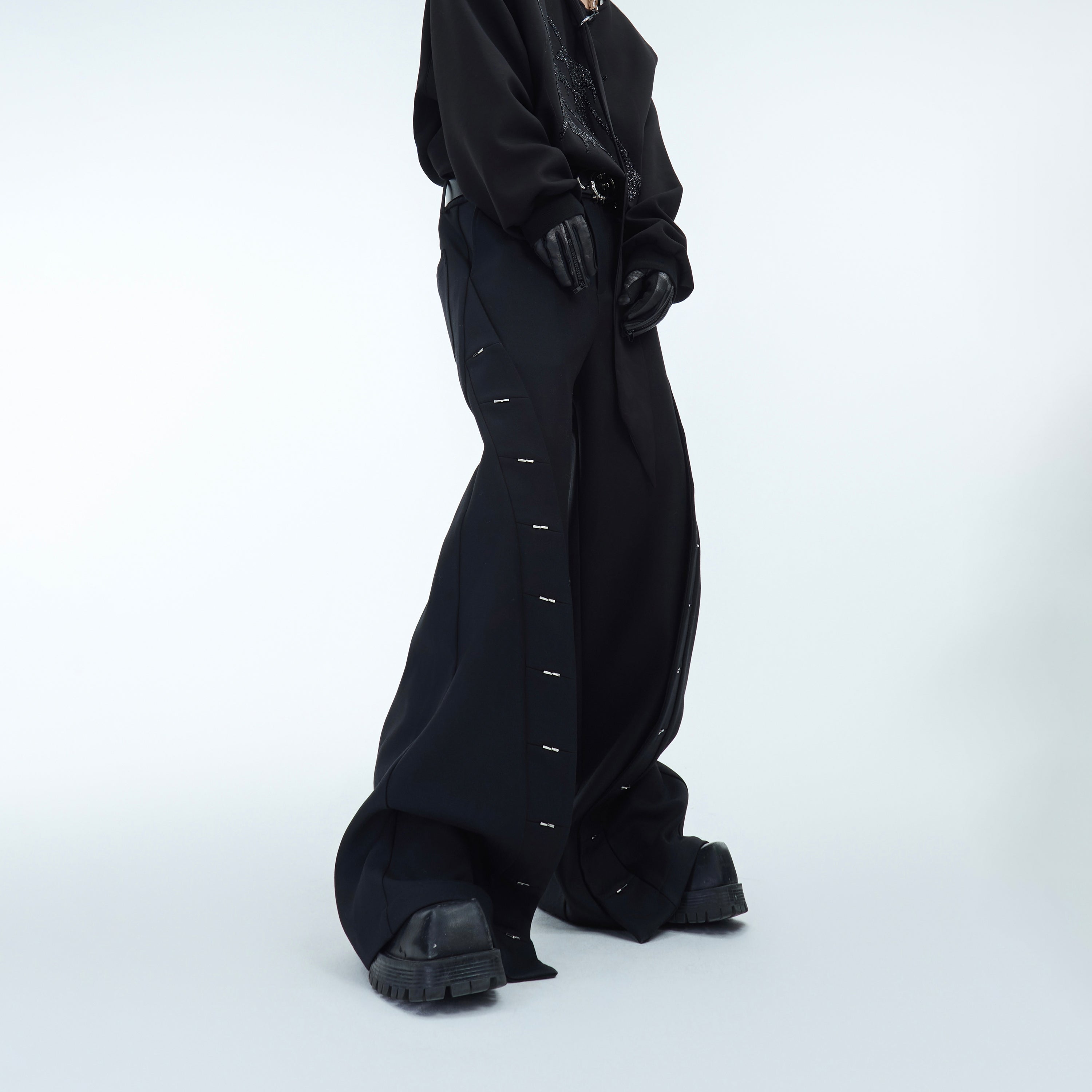 Metal-Trim Wide-Leg Casual Pants - Loose Drop-Crotch Streetwear Pants