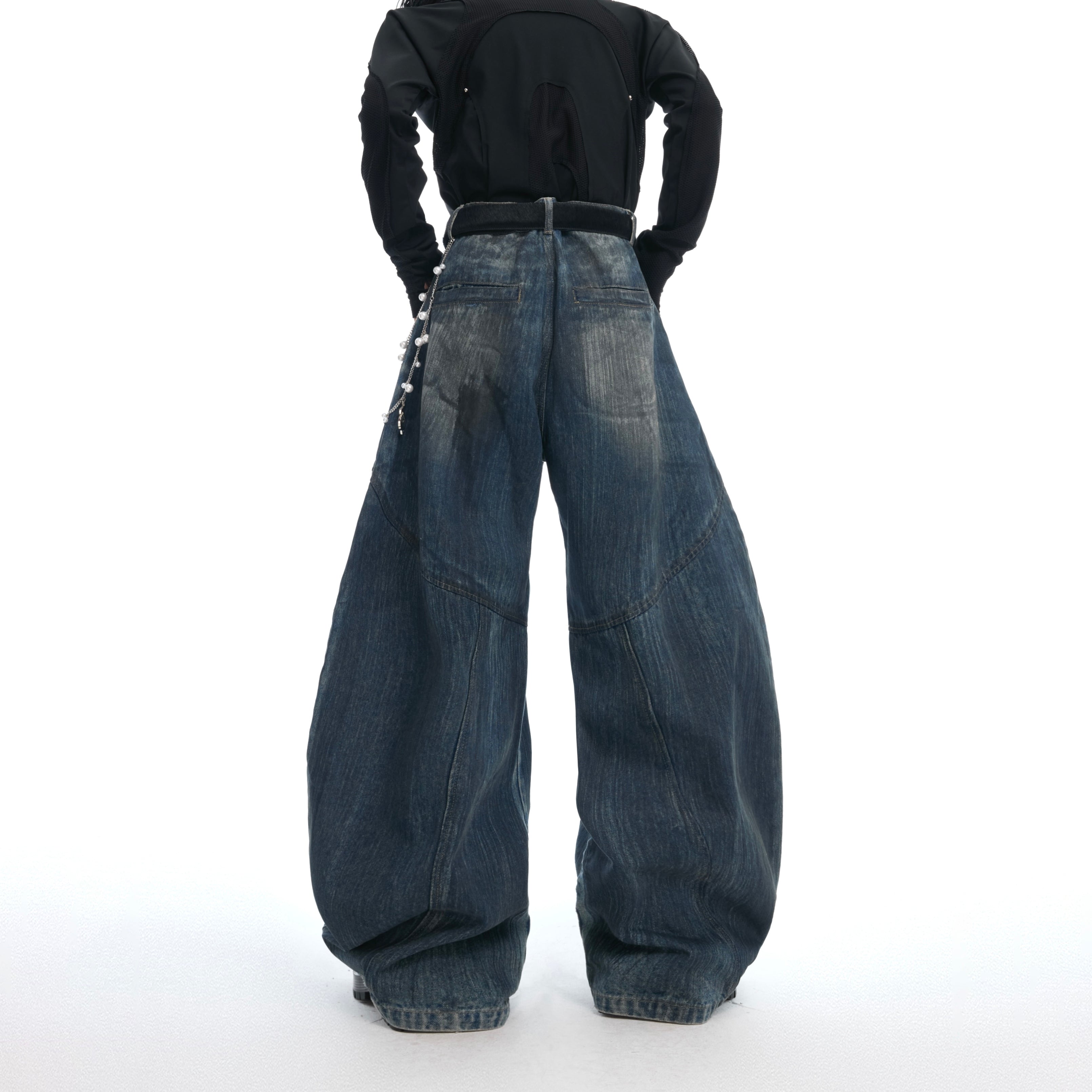 Vintage Distressed Jeans with Pearl Accents - Loose Wide Leg Fit