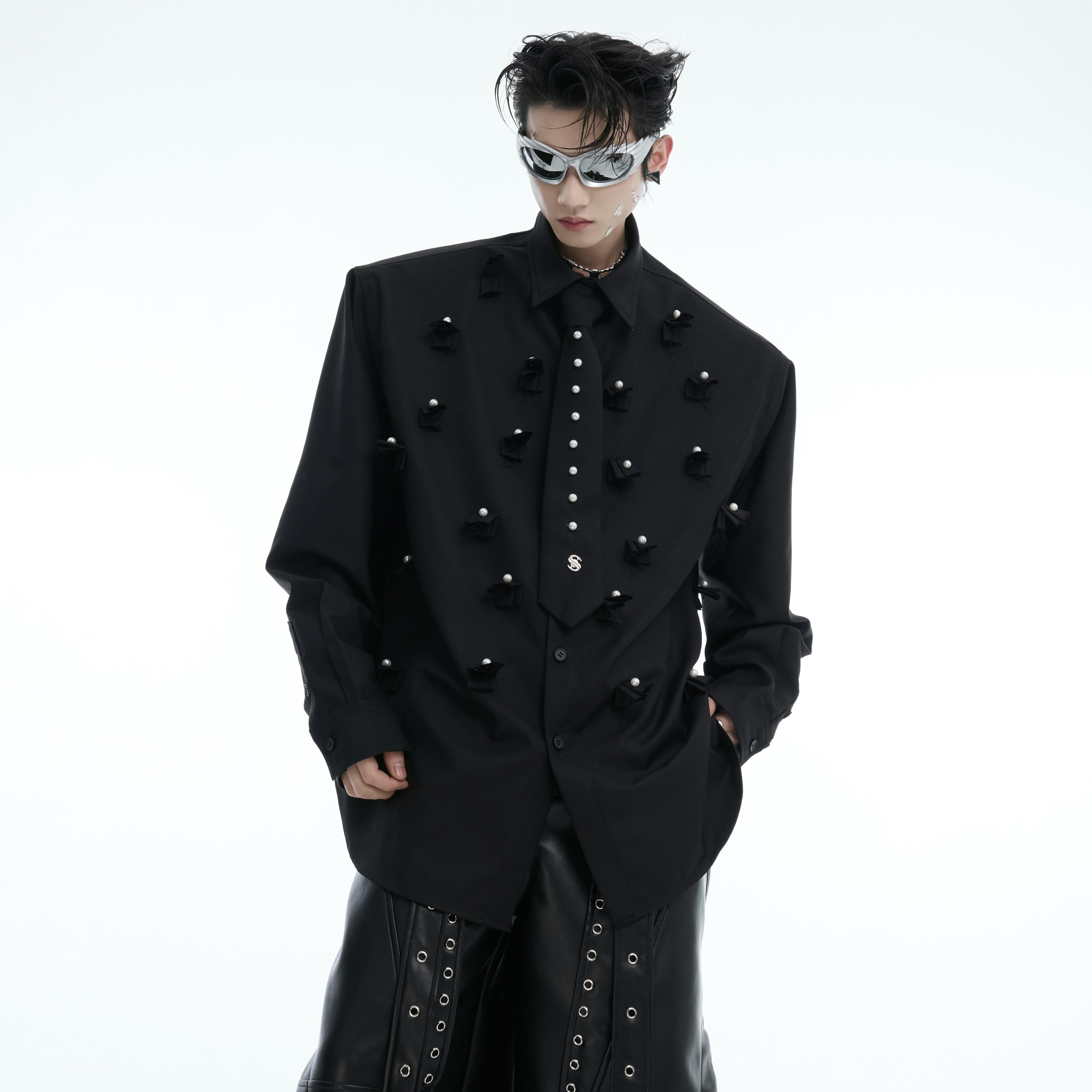 Floral-Print Pearl-Trimmed Oversized Shirt with Detachable Tie