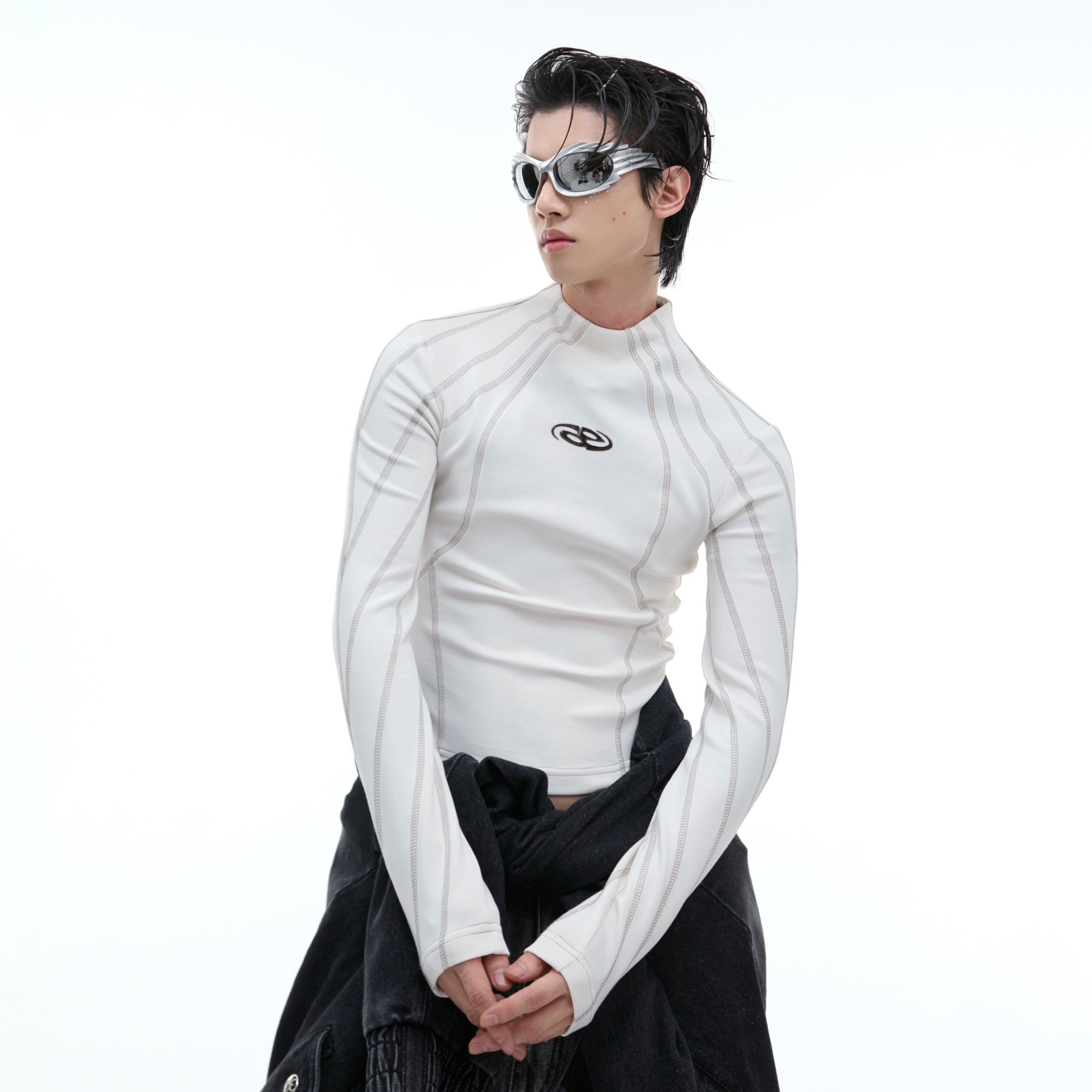 Streetwear Cropped Long-Sleeve T-Shirt - Metallic Trim Mock Neck Top
