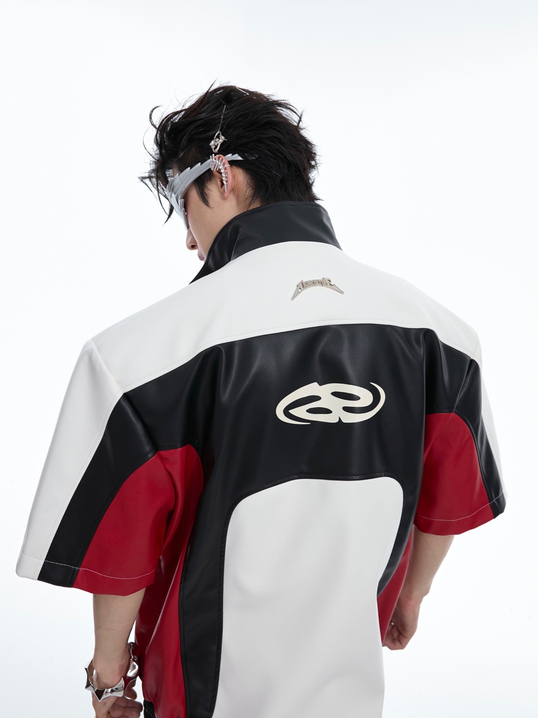 Streetwear Cropped Leather Jacket - Bold Color Block Design