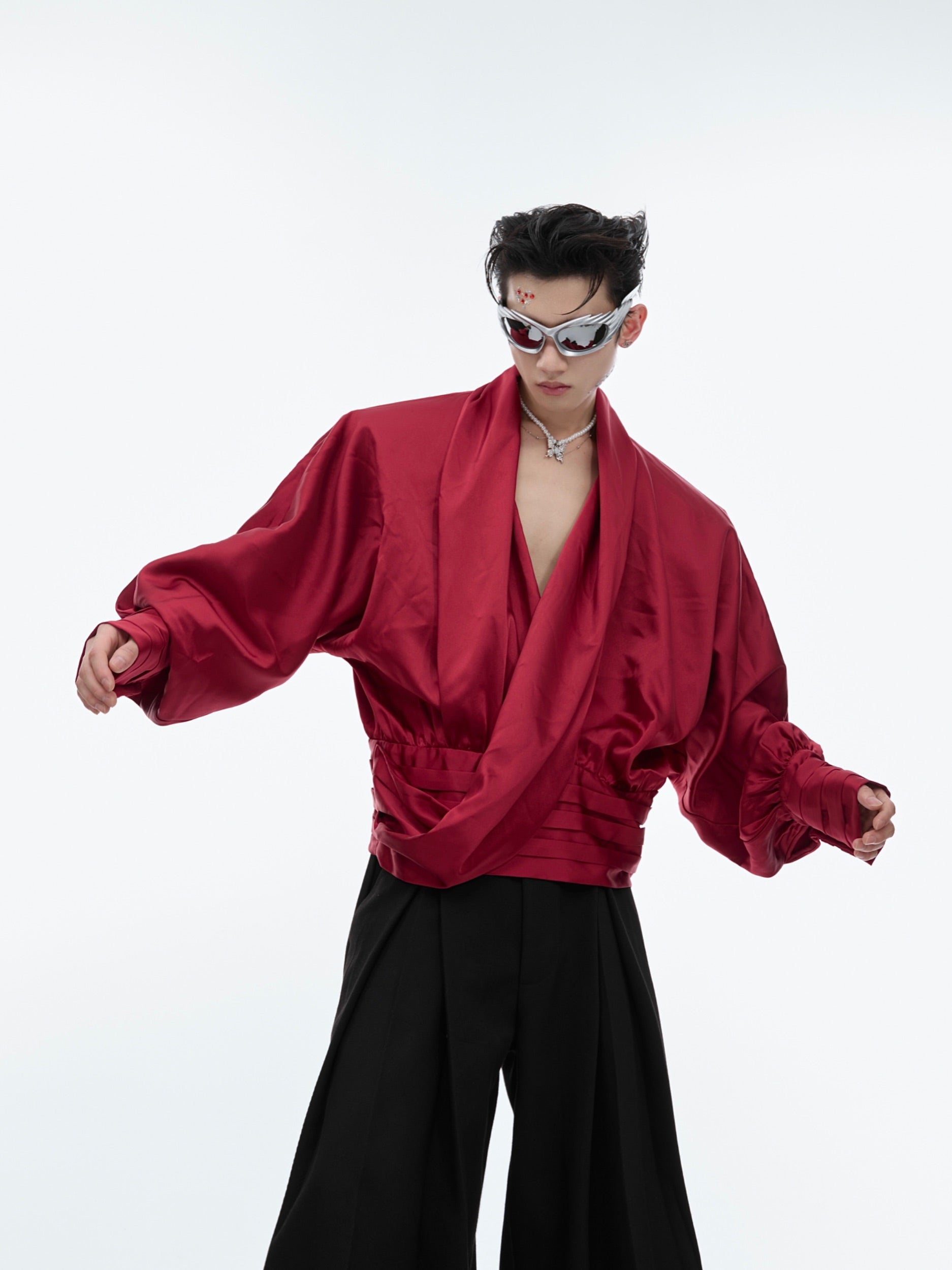 Liquid-Finish V-Neck Overshirt - Drop Shoulder Loose Fit