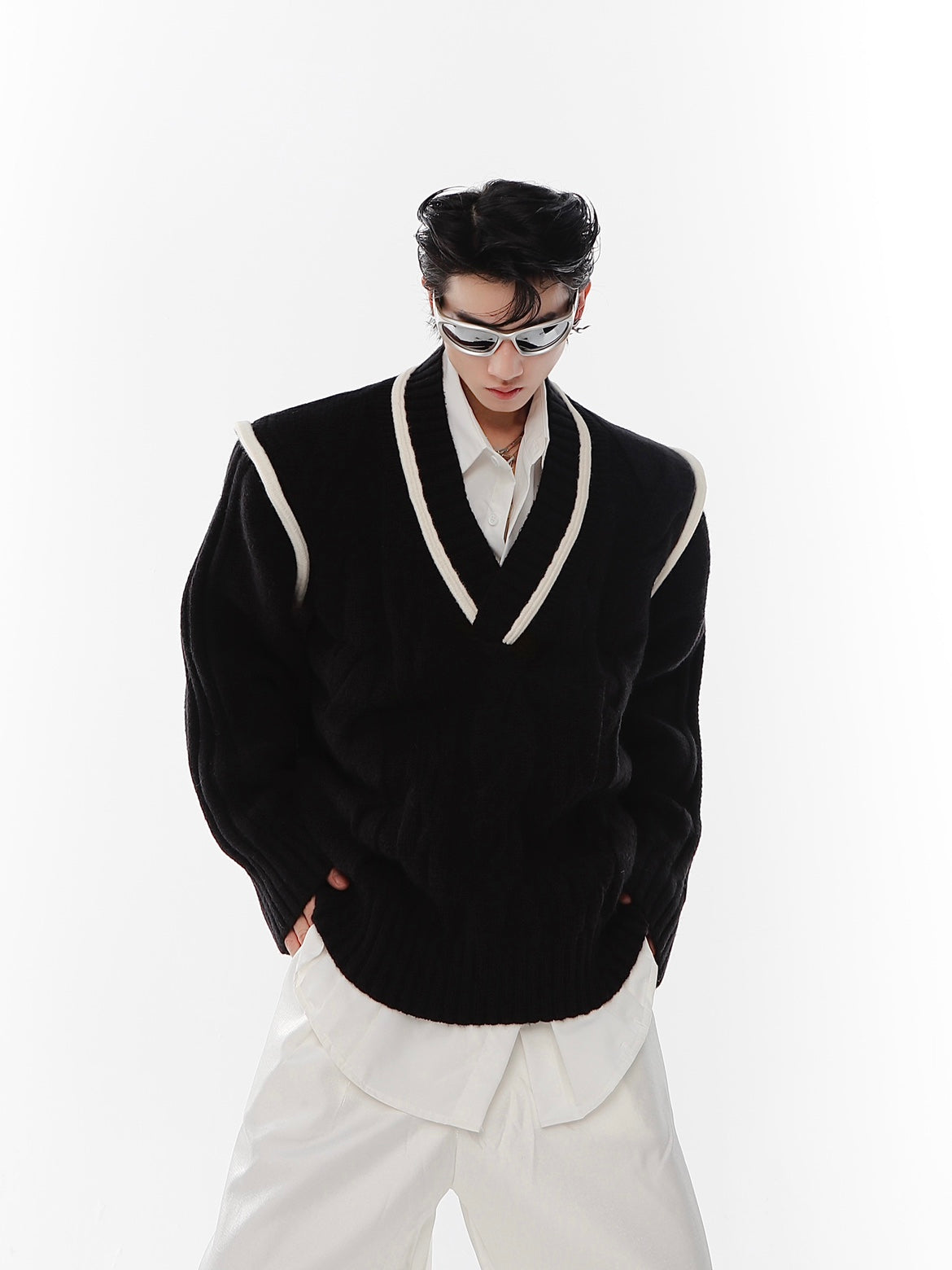 Christmas Red V-Neck Cable Knit Sweater - Oversized Soft Yarn Pullover