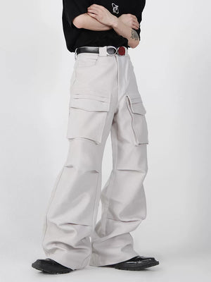 Light gray techwear cargo pants with high-end pleated pocket details