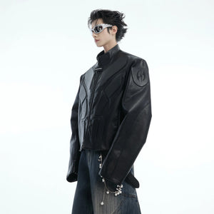 Black cyberpunk deconstructed moto jacket with 3D armor relief details