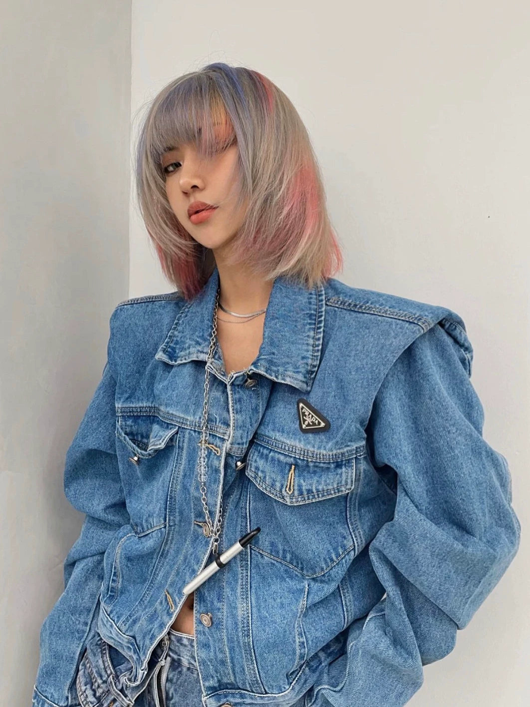 Pleated Short Denim Jacket with Padded Shoulders - main image 2