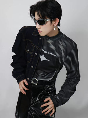 Reflective Mock-Neck Long-Sleeve Tee in Black - main image 3