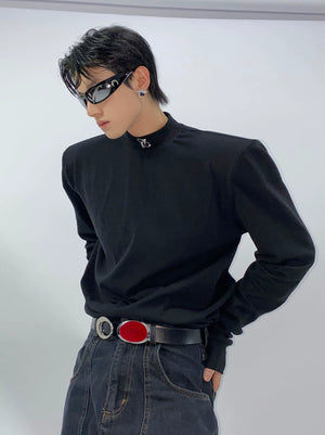 Black Embossed Graphic Turtleneck Long Sleeve Top - main image 2