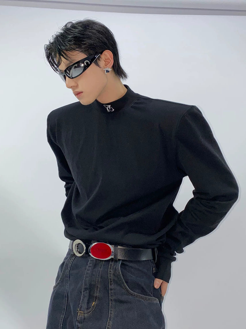 Black Embossed Graphic Turtleneck Long Sleeve Top - main image 2