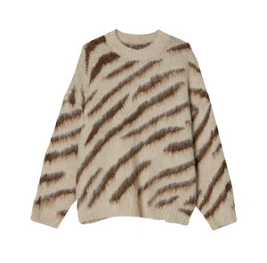 Colorblock Zebra Knit Sweater | Relaxed Crewneck - Khaki