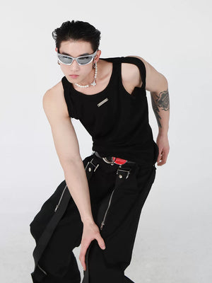 Black Cotton Double-Strap Metal Detail Sleeveless Top - main image 2