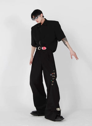 Black High-Waist Metal-Button Straight-Leg Trousers - main image 3