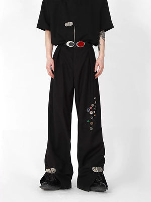 Black High-Waist Metal-Button Straight-Leg Trousers - Black
