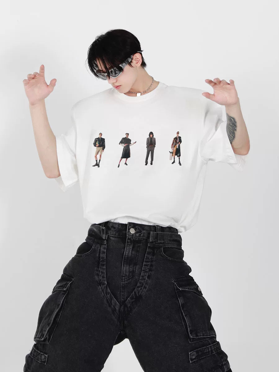 Relaxed Cotton Figure Print Shoulder-Pad T-Shirt - main image 2