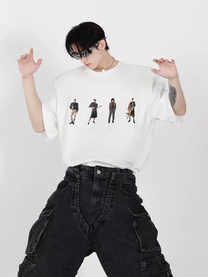 Relaxed Cotton Figure Print Shoulder-Pad T-Shirt - Brown-White