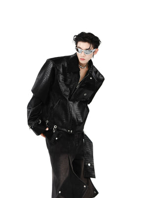 Crocodile-Texture PU Cropped Jacket | Zip Front - main image 4