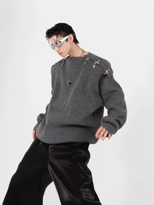 Unisex Metal-Buckle Cutout Knit Sweater | Loose Fit - main image 3