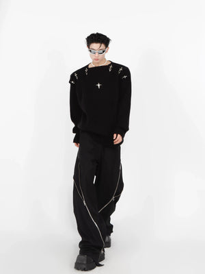 Unisex Metal-Buckle Cutout Knit Sweater | Loose Fit - main image 5