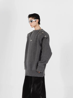 Unisex Metal-Buckle Cutout Knit Sweater | Loose Fit - Dark gray