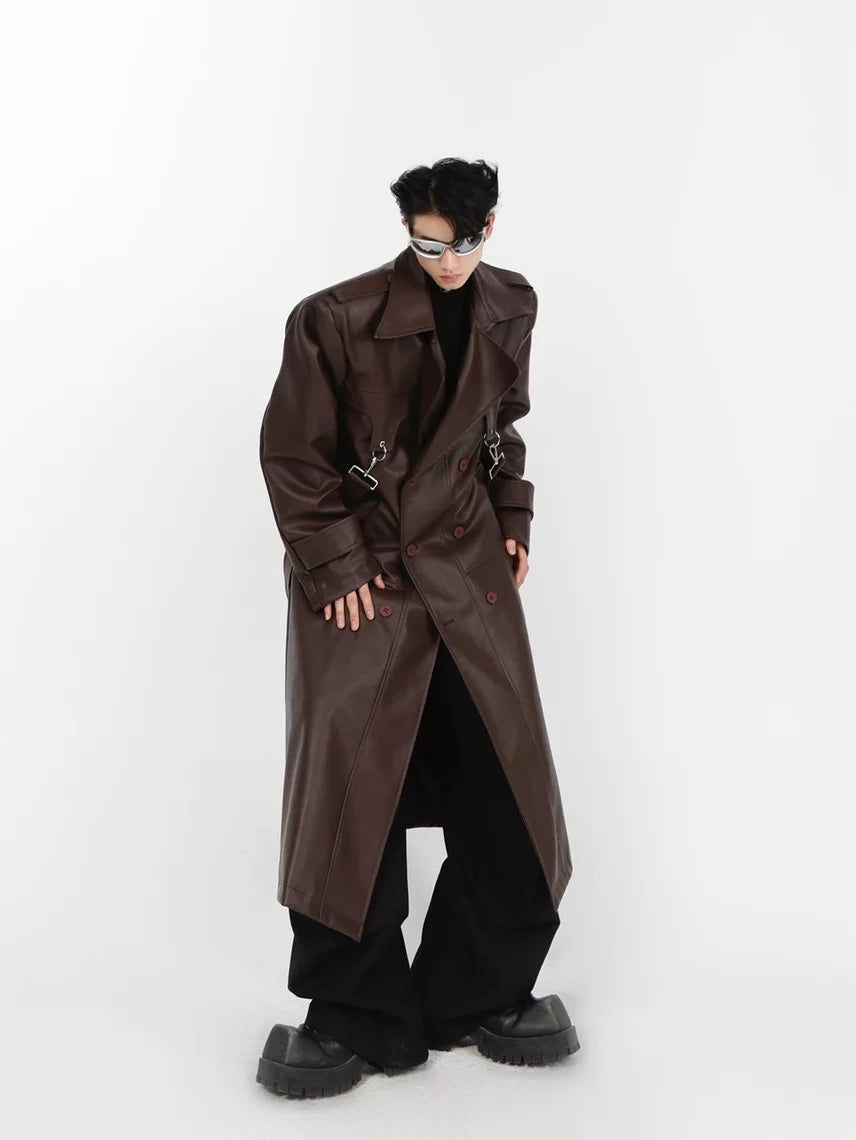 Relaxed Layered PU Long Trench Coat with Metal Details - main image 1