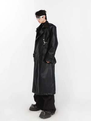 Relaxed Layered PU Long Trench Coat with Metal Details - main image 2