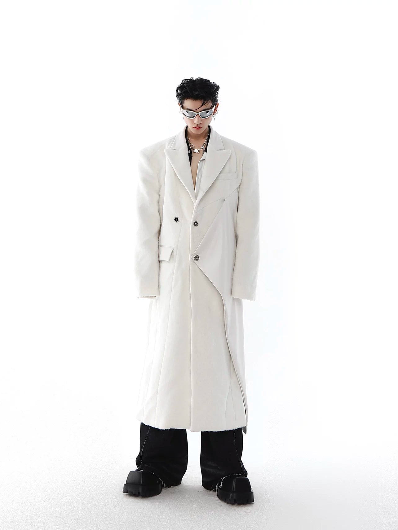 PU-Panel Wool-Blend Long Overcoat with Shoulder Pads - main image 1
