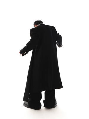 PU-Panel Wool-Blend Long Overcoat with Shoulder Pads - main image 5