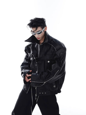 Deconstructed PU Leather Moto Jacket with Metal Details - main image 3